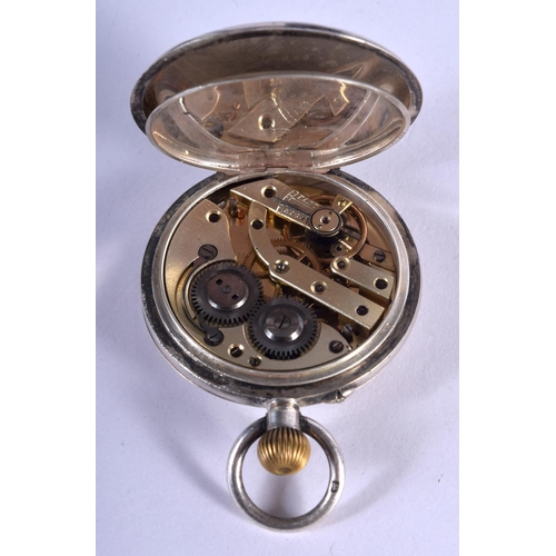 758 - AN ANTIQUE HALF HUNTER SILVER POCKET WATCH. 84 grams. 4.75 cm wide.