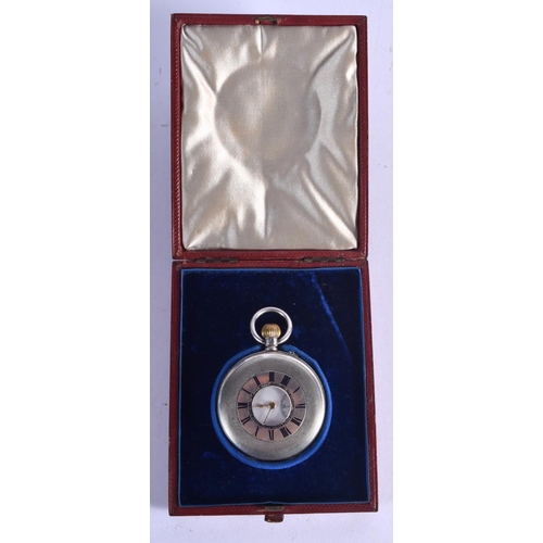 758 - AN ANTIQUE HALF HUNTER SILVER POCKET WATCH. 84 grams. 4.75 cm wide.