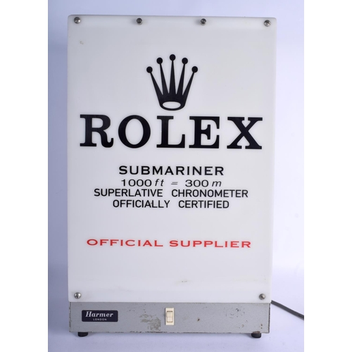 765 - A RARE VINTAGE ROLEX SUBMARINER OFFICAL SUPPLIER ILLUMINATED SHOP DISPLAY SIGN. 56 cm x 38 cm.