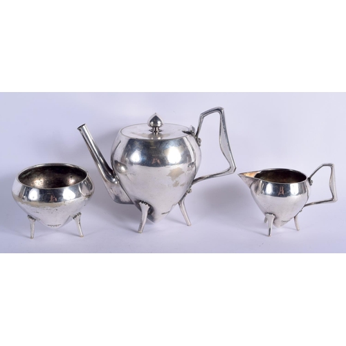 769 - A VERY RARE ART DECO SILVER PLATED THREE PIECE TEASET signed by Christopher Dresser, of rare form wi... 