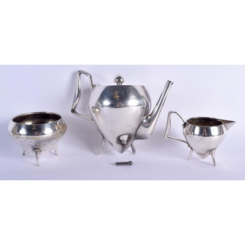 769 - A VERY RARE ART DECO SILVER PLATED THREE PIECE TEASET signed by Christopher Dresser, of rare form wi... 