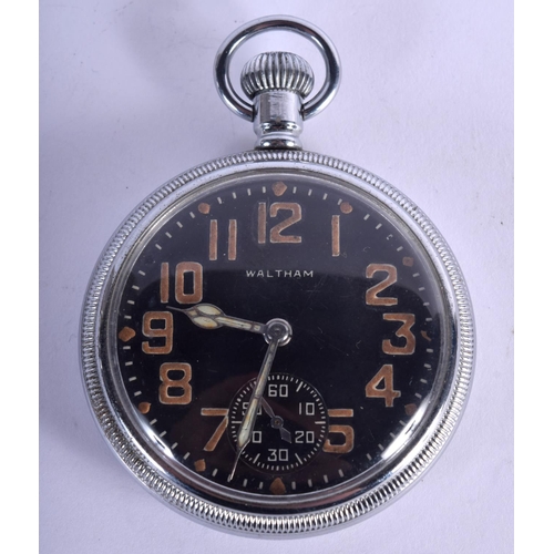 770 - A MILITARY BLACK DIAL WALTHAM POCKET WATCH. 93 grams. 5 cm wide.