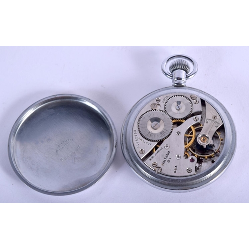 770 - A MILITARY BLACK DIAL WALTHAM POCKET WATCH. 93 grams. 5 cm wide.