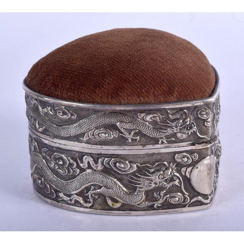 779 - A RARE LATE 19TH CENTURY CHINESE EXPORT HEART SHAPED SILVER PIN CUSHION BOX by Luen Wo, decorated wi... 