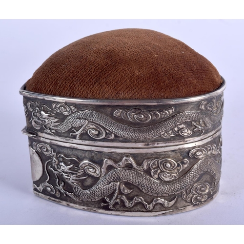 779 - A RARE LATE 19TH CENTURY CHINESE EXPORT HEART SHAPED SILVER PIN CUSHION BOX by Luen Wo, decorated wi... 