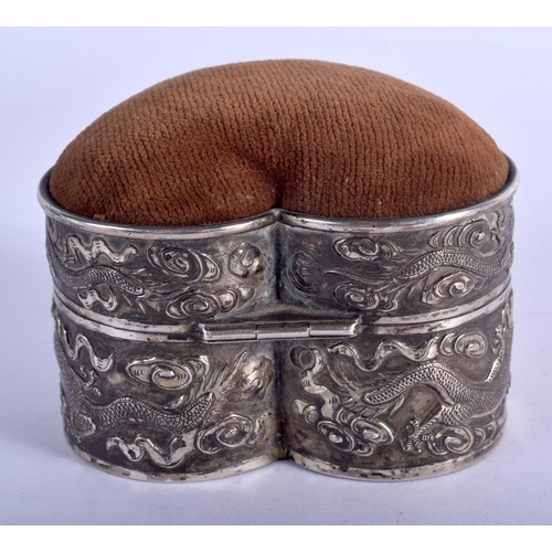 779 - A RARE LATE 19TH CENTURY CHINESE EXPORT HEART SHAPED SILVER PIN CUSHION BOX by Luen Wo, decorated wi... 