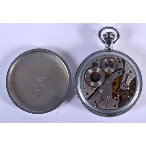 780 - A MILITARY BLACK DIAL WALTHAM POCKET WATCH. 93 grams. 5 cm wide.