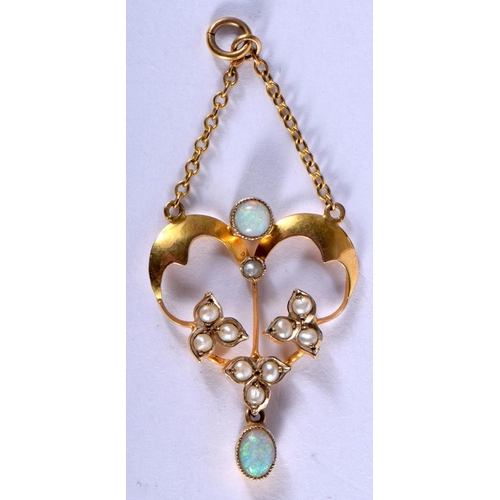 790 - A 9CT GOLD OPAL AND SEED PEARL PENDANT. 1.9 grams. 5 cm x 2 cm.