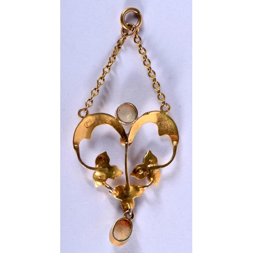 790 - A 9CT GOLD OPAL AND SEED PEARL PENDANT. 1.9 grams. 5 cm x 2 cm.