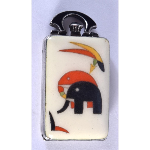 794 - A LOVELY ART DECO SILVER AND ENAMEL TRAVELLING FOLDING WATCH painted with stylised elephants. 33 gra... 