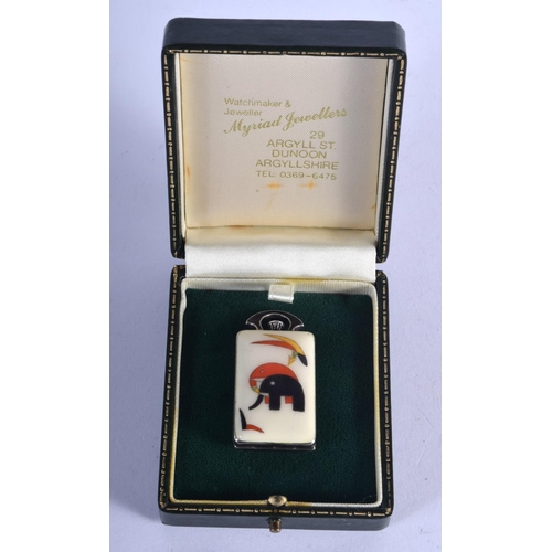 794 - A LOVELY ART DECO SILVER AND ENAMEL TRAVELLING FOLDING WATCH painted with stylised elephants. 33 gra... 