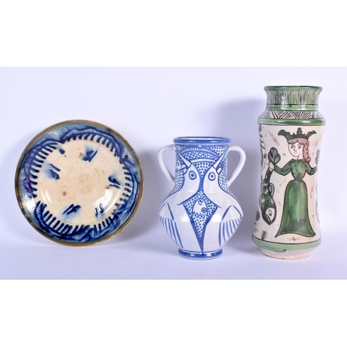 80 - A CONTINENTAL ALBARELLO FAIENCE POTTERY JAR together with a bird jug and a flow blue rim bowl. Large... 