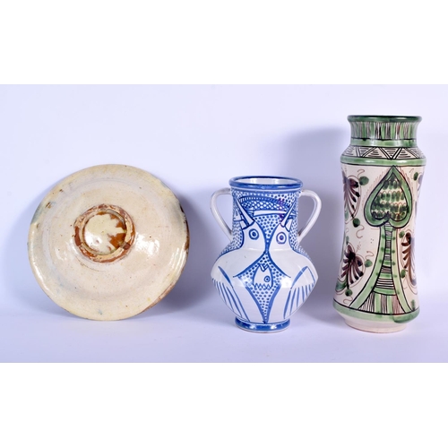 80 - A CONTINENTAL ALBARELLO FAIENCE POTTERY JAR together with a bird jug and a flow blue rim bowl. Large... 