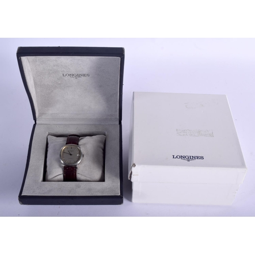 809 - A BOXED LONGINES WRISTWATCH. 39 grams. 3.5 cm wide inc crown.