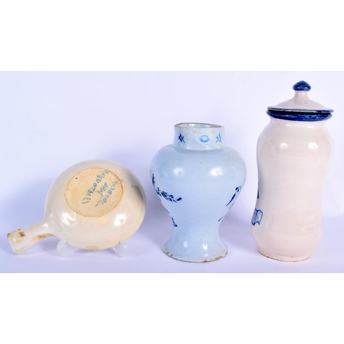 81 - AN 18TH CENTURY DUTCH TIN GLAZED DELFT VASE together with an albarello jar and a Toledo serving dish... 