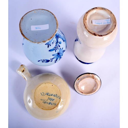 81 - AN 18TH CENTURY DUTCH TIN GLAZED DELFT VASE together with an albarello jar and a Toledo serving dish... 