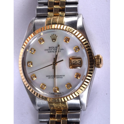 837 - A BOXED ROLEX BI METAL WRISTWATCH C1967 with mother of pearl and diamond dial. 96 grams. 3.75 cm wid... 