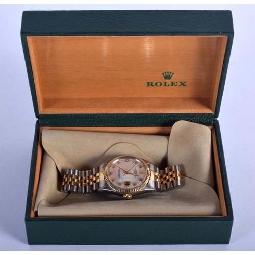 837 - A BOXED ROLEX BI METAL WRISTWATCH C1967 with mother of pearl and diamond dial. 96 grams. 3.75 cm wid... 