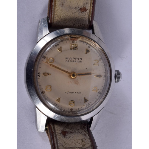 843 - A VINTAGE MAPPIN CAMPAIGN WRISTWATCH. 40 grams. 3.5 cm wide inc crown.