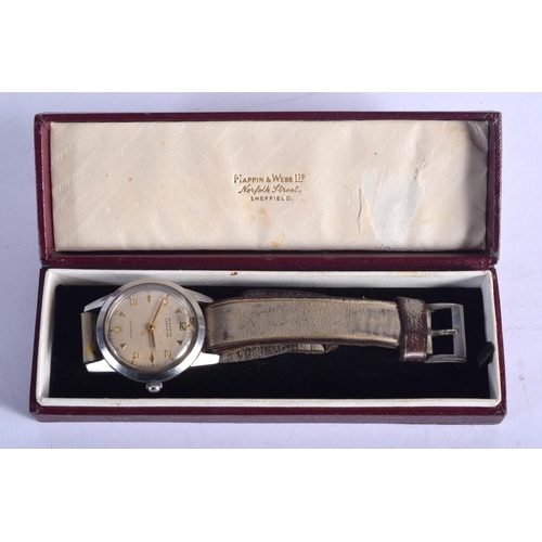 843 - A VINTAGE MAPPIN CAMPAIGN WRISTWATCH. 40 grams. 3.5 cm wide inc crown.