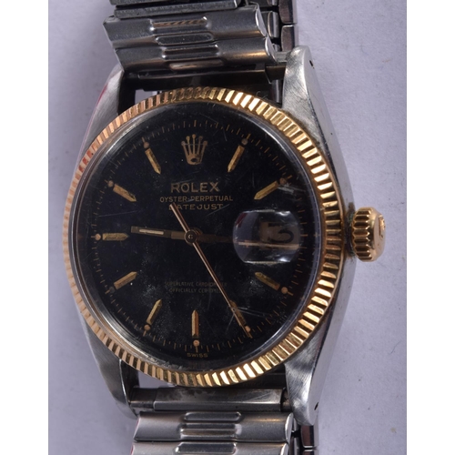 857 - A VINTAGE ROLEX TWO TONE BLACK DIAL WRISTWATCH with paperwork. 72.7 grams. 3.75 cm wide inc crown.