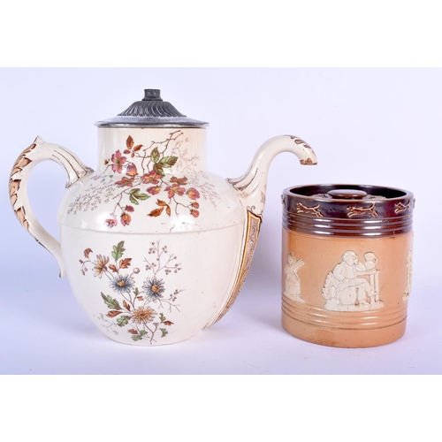 87 - A RARE ANTIQUE DOULTON POTTERY SELF POURING TEAPOT together with a Doulton stoneware jar and cover. ... 