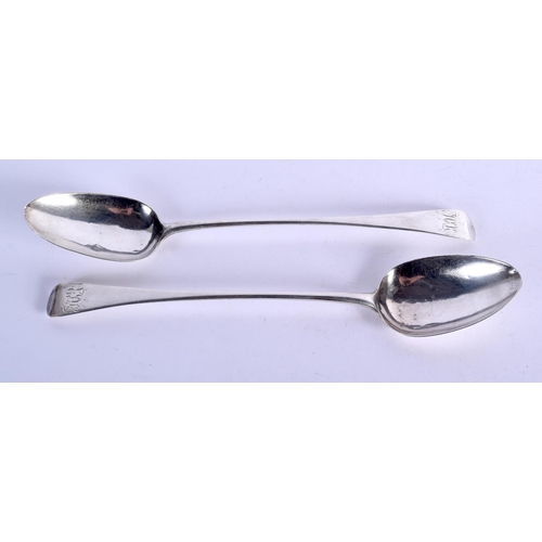 907 - A PAIR OF GEORGE III SILVER STUFFING SPOONS.  Hallmarked London 1810, Length 30cm, weight 189g total... 