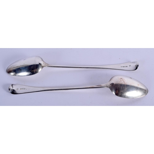 907 - A PAIR OF GEORGE III SILVER STUFFING SPOONS.  Hallmarked London 1810, Length 30cm, weight 189g total... 