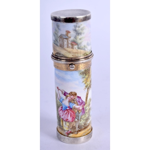 914 - AN ANTIQUE FRENCH SILVER AND ENAMEL PERFUME BOTTLE.  7.6cn long, 2.6cm diameter