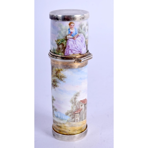 914 - AN ANTIQUE FRENCH SILVER AND ENAMEL PERFUME BOTTLE.  7.6cn long, 2.6cm diameter