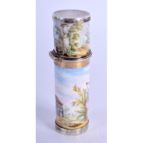 914 - AN ANTIQUE FRENCH SILVER AND ENAMEL PERFUME BOTTLE.  7.6cn long, 2.6cm diameter