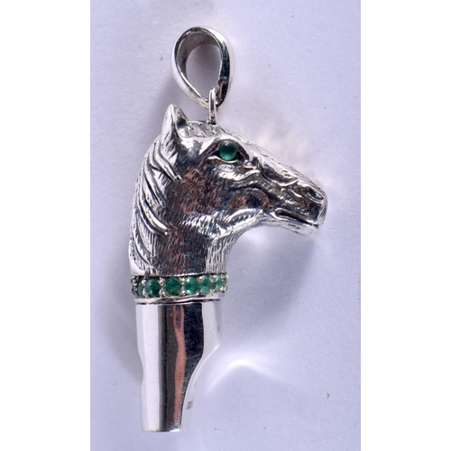 925 - A STERLING SILVER HORSE HEAD WHISTLE WITH GEM INSET EYES AND COLLAR.  3.9cm x 2.2cm, weight 16.5g