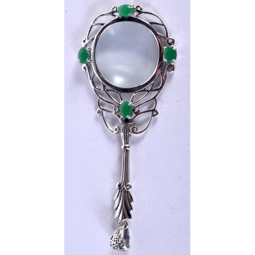 935 - A CONTINENTAL  SILVER AND GEM SET MAGNIFYING GLASS.  Stamped 925, 10.2cm x 4.2cm, weight 17.9g