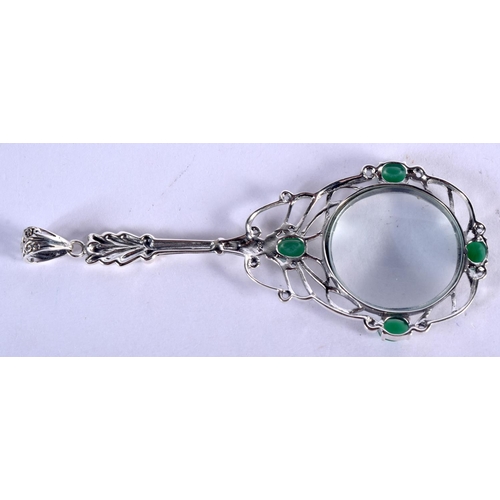 935 - A CONTINENTAL  SILVER AND GEM SET MAGNIFYING GLASS.  Stamped 925, 10.2cm x 4.2cm, weight 17.9g