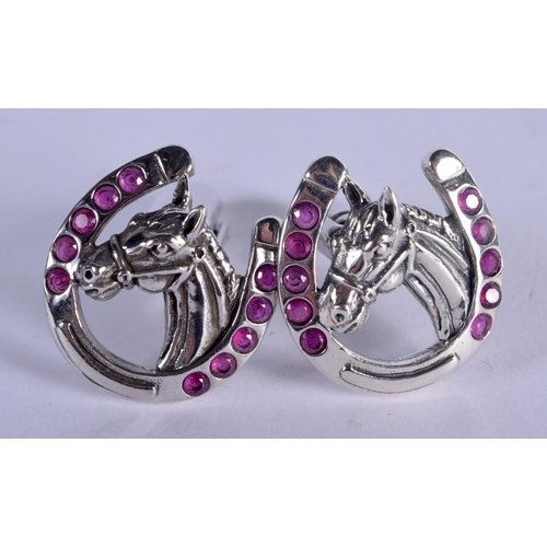 946 - A PAIR OF STERLING SILVER HORSHOE CUFFLINKS WITH GEM STONE INSERTS.  Stamped Sterling, 1.9cm x 1.7cm... 