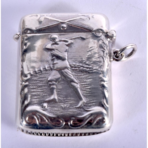 949 - A STERLING SILVER VESTA CASE EMBOSSED WITH A GOLFER.  Stamped Sterling, 4.4cm x 3.2cm, weight 23.6g