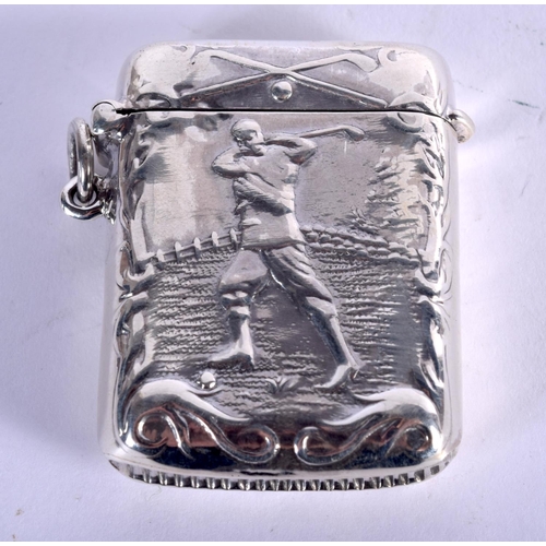 949 - A STERLING SILVER VESTA CASE EMBOSSED WITH A GOLFER.  Stamped Sterling, 4.4cm x 3.2cm, weight 23.6g