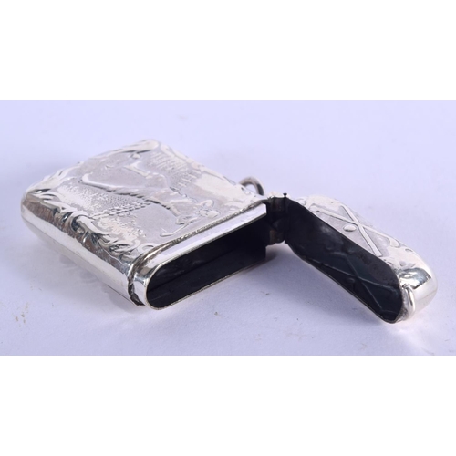 949 - A STERLING SILVER VESTA CASE EMBOSSED WITH A GOLFER.  Stamped Sterling, 4.4cm x 3.2cm, weight 23.6g