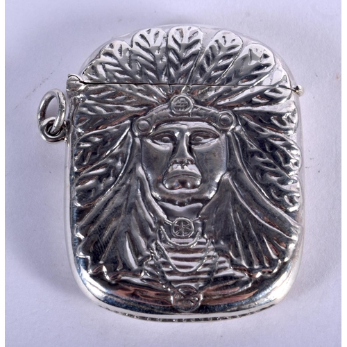 954 - A STERLING SILVER VESTA CASE EMBOSSED WITH A NATIVE AMERICAN.  Stamped Sterling, 5.3cm x 4cm, weight... 