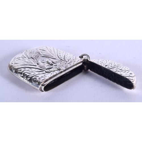 954 - A STERLING SILVER VESTA CASE EMBOSSED WITH A NATIVE AMERICAN.  Stamped Sterling, 5.3cm x 4cm, weight... 