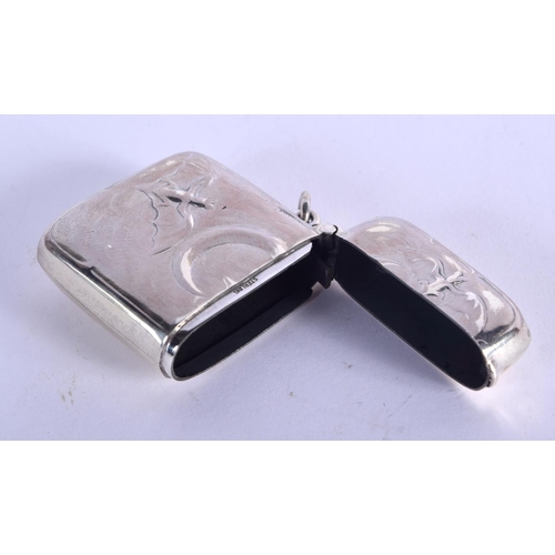 955 - A STERLING SILVER VESTA CASE EMBOSSED WITH BATS.  Stamped Sterling, 4.3cm x 3.8cm, weight 22g