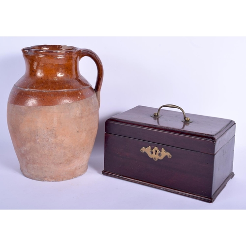 96 - A GEORGE III MAHOGANY TRIPLE DIVISION TEA CADDY together with a studio pottery treacle overlaid vase... 
