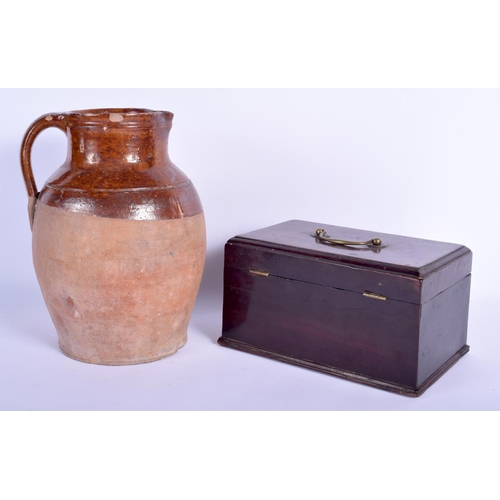 96 - A GEORGE III MAHOGANY TRIPLE DIVISION TEA CADDY together with a studio pottery treacle overlaid vase... 