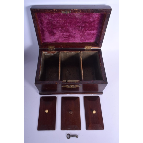 96 - A GEORGE III MAHOGANY TRIPLE DIVISION TEA CADDY together with a studio pottery treacle overlaid vase... 