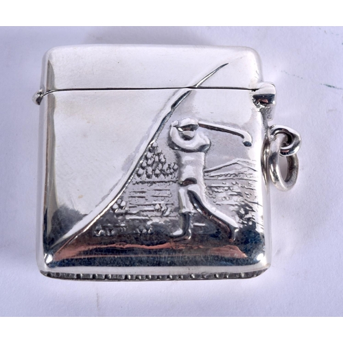 965 - A STERLING SILVER VESTA CASE EMBOSSED WITH A GOLFER.  Stamped Sterling, 3.5cm x 3.3cm, weight 15.5g