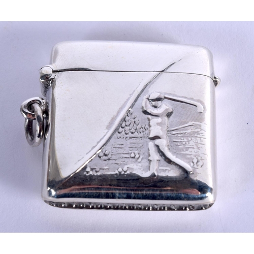 965 - A STERLING SILVER VESTA CASE EMBOSSED WITH A GOLFER.  Stamped Sterling, 3.5cm x 3.3cm, weight 15.5g