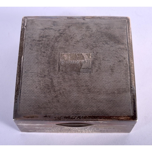 967 - A STERLING SILVER TOBACCO BOX.  Hallmarked Birmingham 1969, 8.2cm x 8.2cm x 3.8cm, weight 225g