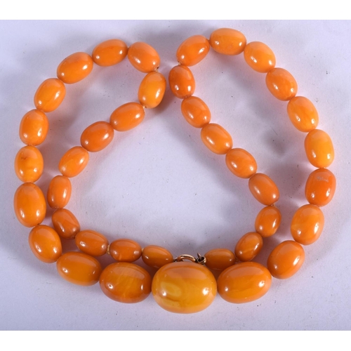 972 - AN AMBER NECKLACE.  65cm long, Largest bead 21 mm diameter, weight 59g