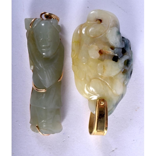 974 - TWO GOLD MOUNTED JADE PENDANTS  1 X 18ct and 1 X 9ct, 6.5cm long, weight 59g