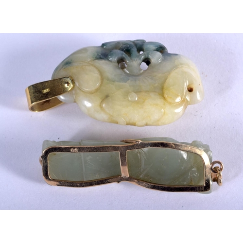 974 - TWO GOLD MOUNTED JADE PENDANTS  1 X 18ct and 1 X 9ct, 6.5cm long, weight 59g